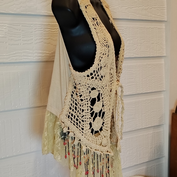 Awake by OS Boho Hippie Crochet Vest Lace  Beads SZ  XL Festival Cowgirl Chic - Picture 5 of 12
